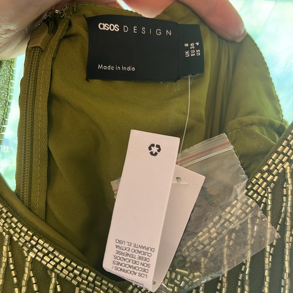 ASOS Design embellished fringe mini dress with tie waist with lime detail - Picture 8 of 9